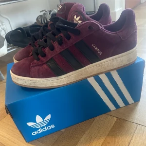 Adidas Campus vinröda sneakers - Säljer ett par Adidas Campus sneakers i vinrött med svarta ränder och svart snörning. Skorna har en klassisk låg profil och är tillverkade i mjuk mocka med gummisula. Perfekt för dig som gillar retrostil och vill sticka ut med färg.