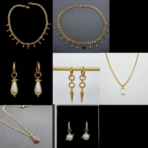 Guldiga smycken med pärlor och spikes - Samling med trendiga smycken i guldton, inklusive halsband med små hängande detaljer och hjärtberlocker, örhängen med droppformade pärlor, spikes och cirklar, samt halsband med pärlhänge och ett med röd sten. Perfekt för dig som gillar att mixa olika stilar och detaljer.