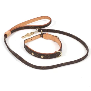 Brunt Louis Vuitton hundhalsband med koppel - Säljer ett exklusivt hundhalsband med matchande koppel från Louis Vuitton. Setet är i brunt skinn med klassiskt monogrammönster och detaljer i guldmetall. Perfekt accessoar för din hund.