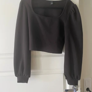 Svart croppad topp med långa ärmar från SHEIN - Säljer en svart croppad topp från SHEIN med fyrkantig ringning och långa ärmar. Toppen har en enkel och stilren design med lätt puff vid axlarna och muddar vid ärmsluten. Perfekt till många olika outfits!