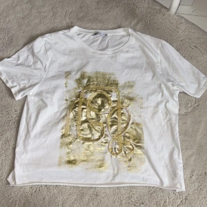 Vit t-shirt med guldtryck från Zara - Säljer en vit t-shirt från Zara med ett unikt abstrakt guldtryck på framsidan. T-shirten har en klassisk passform och är tillverkad i mjuk bomull. Perfekt för dig som vill ha något stilrent men ändå med en twist.