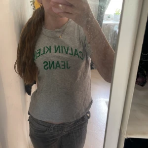Grå t-shirt från Calvin Klein Jeans - Säljer en grå t-shirt från Calvin Klein Jeans med grönt tryck på bröstet. 