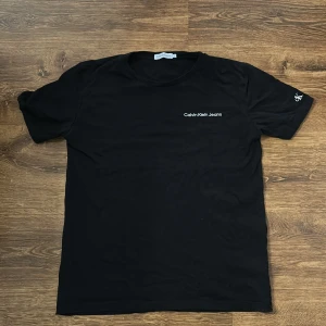 Svart t-shirt från Calvin Klein Jeans - Svart t-shirt från Calvin Klein Jeans med liten vit logga på bröstet och tryck på ena ärmen. Klassisk rund hals och normal passform. Perfekt för en stilren och enkel look.
