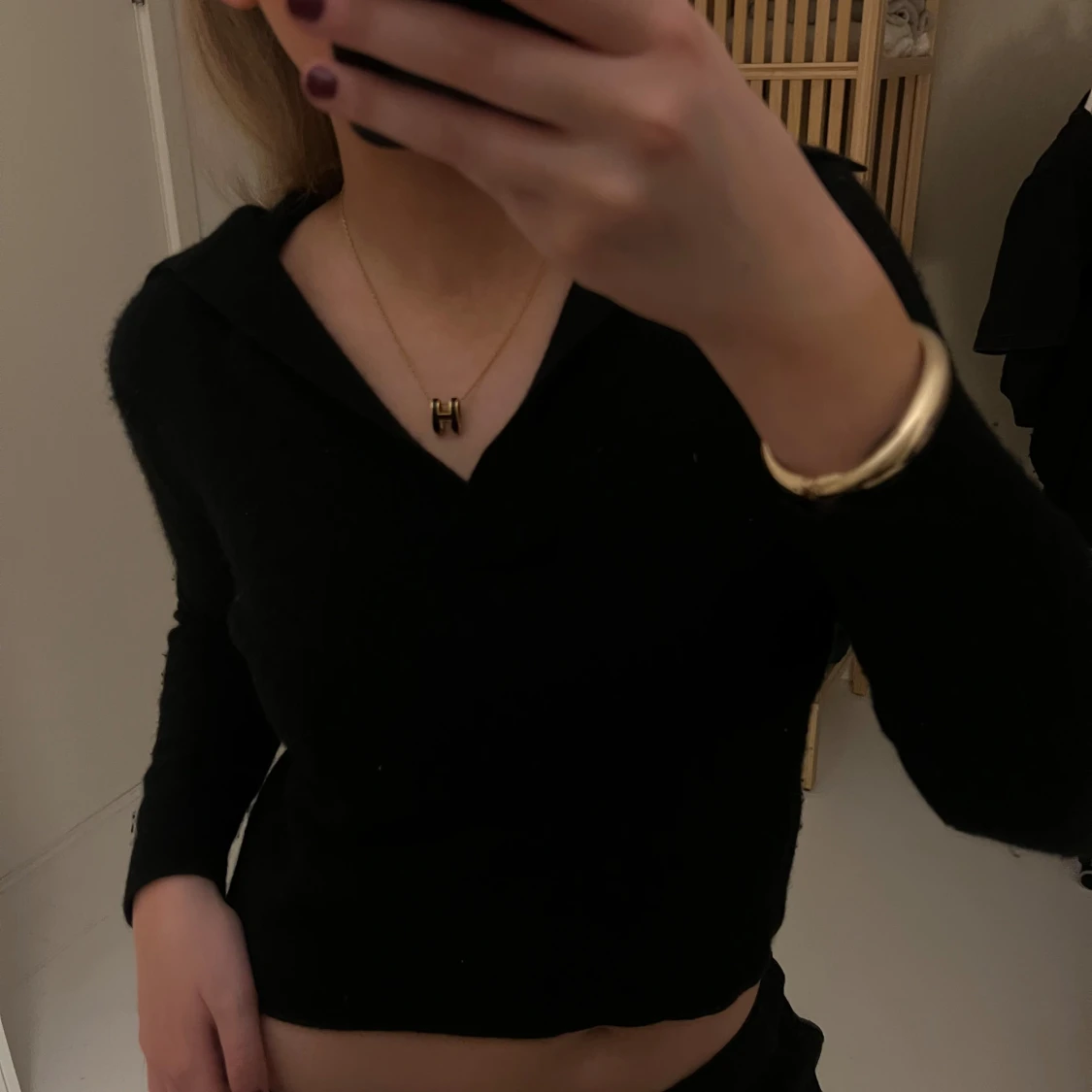 Svart croppad stickad tröja med krage - 2