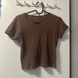 Brun ribbad kortärmad topp - Säljer en brun ribbad topp från Brandy Melville, med korta ärmar och rund halsringning. Toppen har en croppad passform och är tillverkad i ett mjukt material som passar perfekt till vardagslooken. Passar xs-s. 