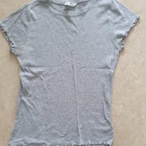T-shirt - Säljer en enkel och stilren grå ribbad t-shirt med korta ärmar. T-shirt har vågiga kanter vid ärmslut och nederkant för en extra detalj. Perfekt till jeans eller kjol!