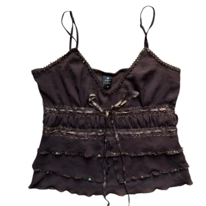 Y2k vintage Mörkbrun linnetopp med paljettdetaljer och rosett - Söt mesh topp med pärlor. Strl S. 