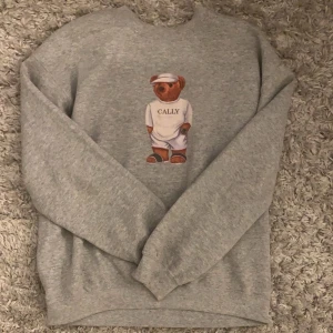 Grå sweatshirt med björntryck från Fashiob Bear - Grå sweatshirt med ett tryck av en björn i vita kläder och keps på bröstet. Tröjan har rund halsringning och långa ärmar. Perfekt för en avslappnad stil.