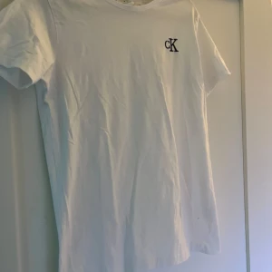 Vit t-shirt från Calvin Klein - Säljer en klassisk vit t-shirt från Calvin Klein med liten svart ck-logga på bröstet. T-shirten har rund halsringning och korta ärmar. Perfekt basplagg i mjuk bomull.