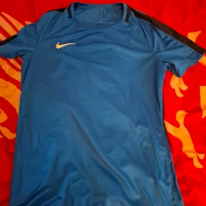 Blå Dri-FIT t-shirt från Nike - Säljer en blå Dri-FIT t-shirt från Nike med svarta detaljer på ärmarna. Perfekt för träning med sin fukttransporterande teknologi. T-shirten har en normal passform och korta ärmar.