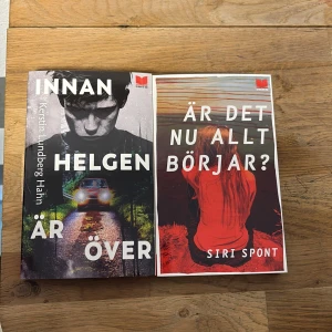 Innan helgen är över & Är det nu allt börjar? - Två spännande böcker: 'Innan helgen är över' av Kerstin Lundberg Hahn och 'Är det nu allt börjar?' av Siri Spont. Första boken har en mystisk omslagsbild med en bil på en mörk väg, medan den andra boken har en rödtonad bild av en person i röd tröja. Perfekt för dig som gillar spänning och drama.