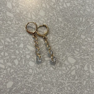 Guldörhängen med glittriga stenar - Snygga guldörhängen med hängande glittriga stenar. Perfekta för att ge en touch av elegans till din outfit. De har en enkel och stilren design med små ringar som fäster de gnistrande stenarna.