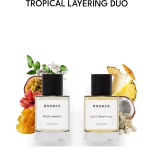 ESSNCE Tropical Layering Duo parfym - Ord pris: 750kr , köp båda för 650 kr eller en för 340kr. Två tropiska parfymer från ESSNCE: Fizzy Mango med fruktiga toner av mango, passionsfrukt och blommor, samt Coco 'Bout You med kokos, ananas och exotiska inslag. Flaskorna är genomskinliga med svart lock och vit etikett. Perfekt för dig som älskar fräscha, somriga dofter.