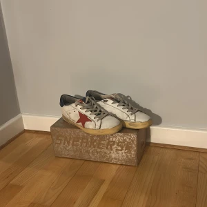 Vit/blå/röd golden goose - Färgerna är rätt slitna, men inga problem med själva skon eller hälarna, lite sämre skick där av priset.  BOX INGÅR!!