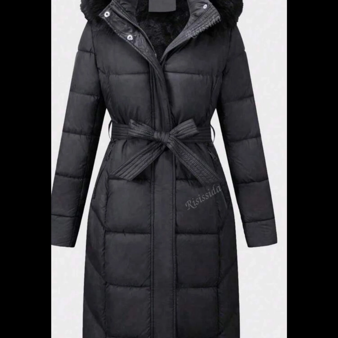 Svart lång pufferjacka med fuskpäls - 4