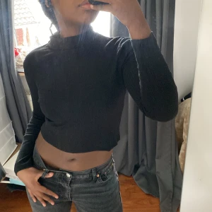 Cropped halv polo topp - En fin svart croppad topp med en fin nacke. Det står att den är i stl S men jag skulle säga att den passar XS också. Använd ett fåtal gånger och har inga synliga fel🤍 Skriv för fler bilder!