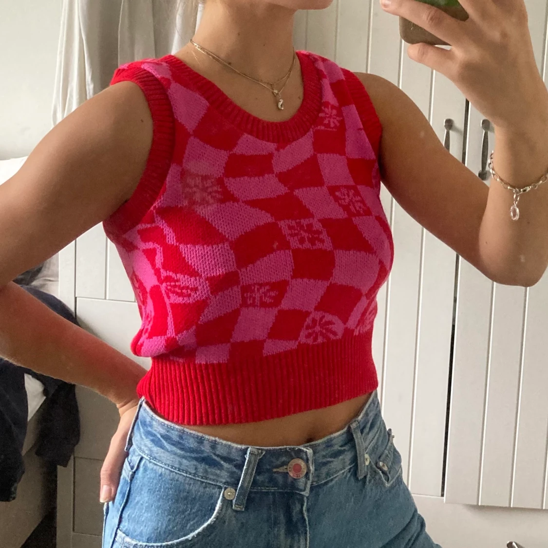 Stickad Rutig armlös top/linne - 91