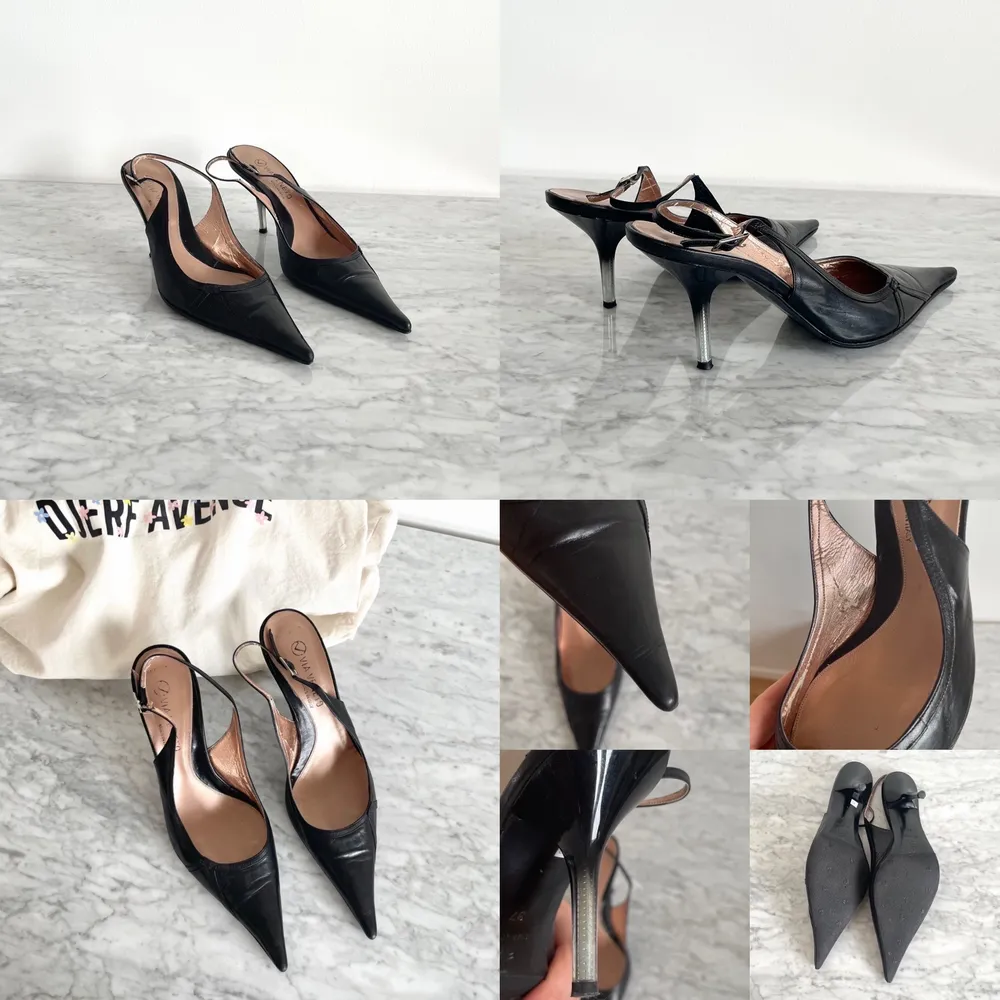 Vintage 90s 00s Y2K real leather pointy toe slingbacks in black size 37  Barely visible signs of wear on the outside of the shoes, but the inner lining is peeling. See the pictures. Cleaned. Label: 37, fit true to size. Heels: ca 9 cm. No returns.. Skor.