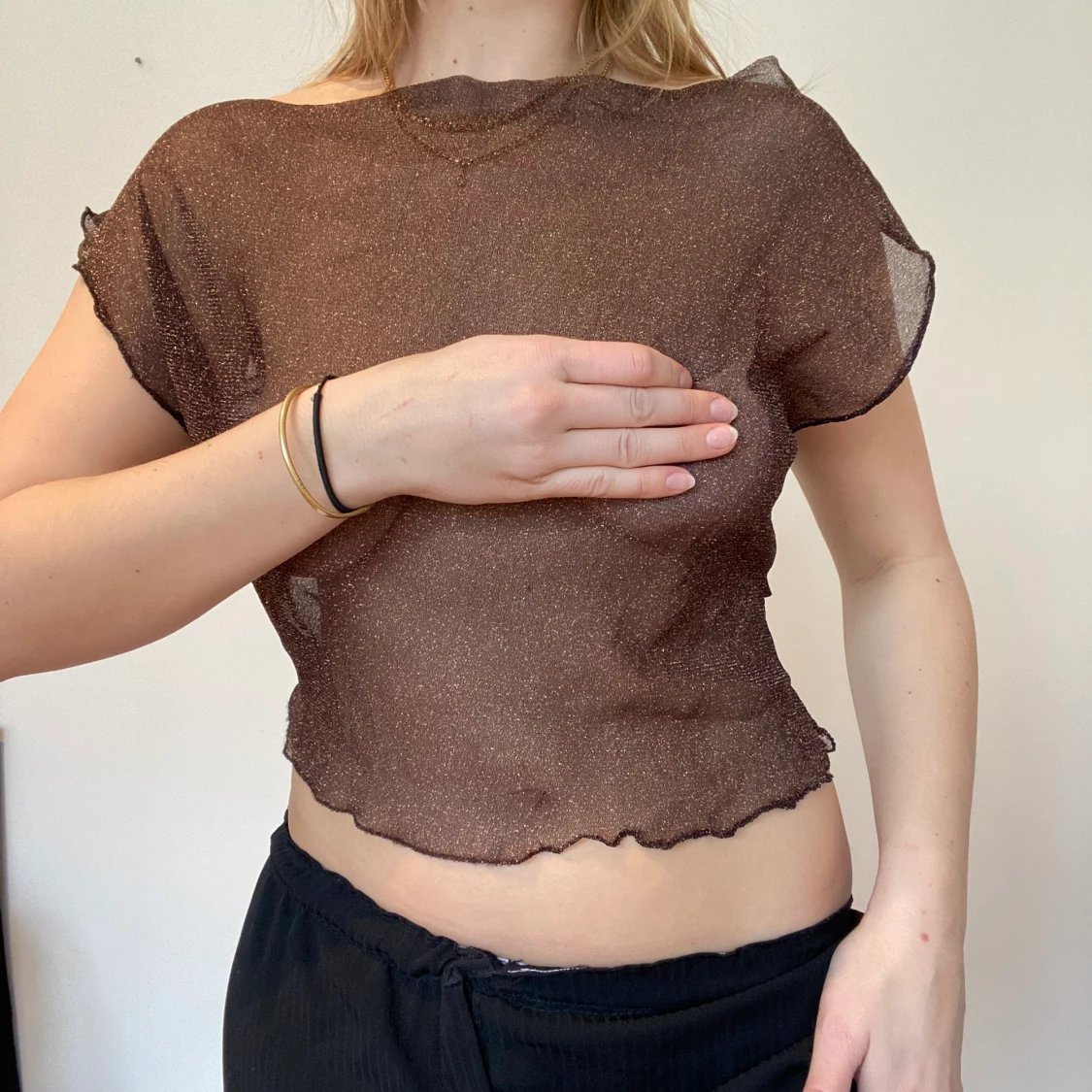 Glittrig brun genomskinlig meshtopp