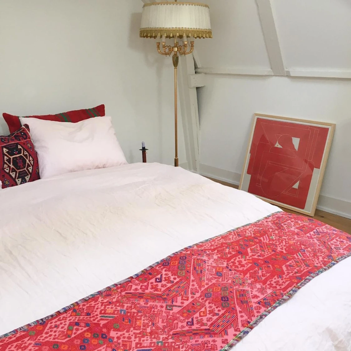 Vintage Handmade Coral Tzute Textile Runner - 91