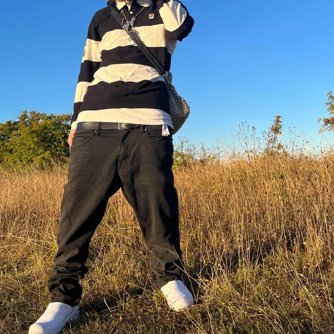 Simpel svart/vit striped Fila långärmad polo - 91