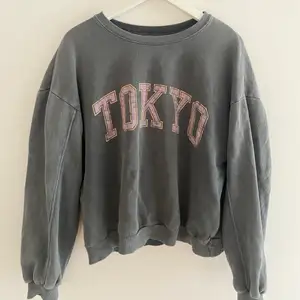 Snygg sweatshirt från pull & bear i en mörkgrå färg med text, slutsåld. Köpt för ca 300kr.