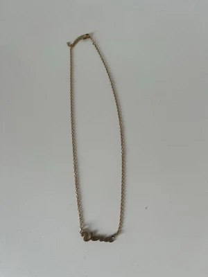 Guldigt namnhalsband Vera - Snyggt halsband i guldfärgad metall med namnet 'Vera' i skrivstil. Kedjan är tunn och elegant, och namndetaljen ger en personlig touch till din stil. Perfekt för dig som vill ha ett personligt smycke med enkel design.