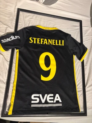 AIK matchtröja  - Säljer en svart AIK matchtröja med gula detaljer från Nike. Tröjan har Stefanelli och nummer 9 på ryggen, storlek L (i barnstorlek❗️) 147-158