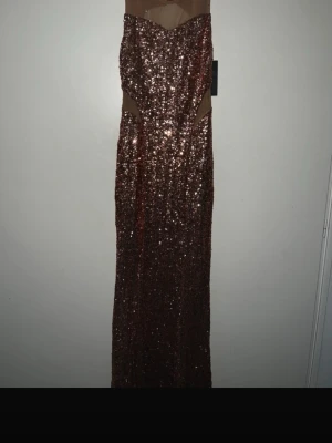 Glittrig brun långklänning - Säljer en lång, glittrig klänning i brun/rose ton med paljetter över hela plagget. Klänningen har meshdetaljer vid midjan och över bröstet som ger en cool cut-out effekt. Perfekt för dig som vill sticka ut på bal eller fest! Endast testad aldrig använd. Passar storlek M och L, fler bilder skickas privat.