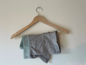 Gråa seamless shorts från Gymshark - Snygga gråa seamless shorts från Gymshark med bred, ljusgrön resår i midjan där loggan syns tydligt. Perfekta för gymmet eller annan träning. Materialet är stretchigt och följsamt för maximal komfort.