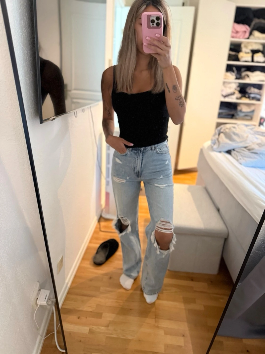 Ljusblå ripped straight leg jeans - 4