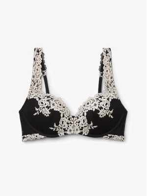 Svart intimissimi BH push up - Elegant svart bh med vacker vit spetsdetalj över kuporna, axelbanden och kanten. Bh:n har bygel och vadderade kupor för extra stöd och form. Materialet är en mix av mjuk textil och spets som ger en lyxig känsla.