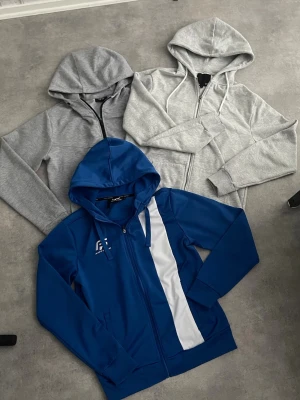 Tre hoodies i grått och blått - Dom gråa är M. Båda för 150kr                                                       En för 100kr                                                         ( Blåa tröja är sålt )