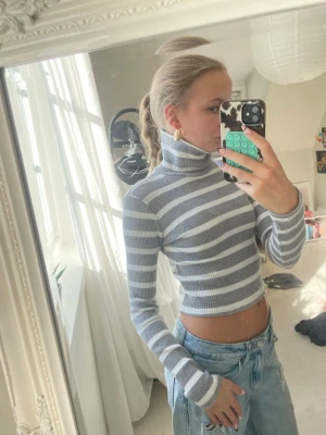 Grå- och vitrandig polotröja crop - Trendig ribbstickad cropad polotröja med grå och vita ränder. Tröjan har långa ärmar och en hög polokrage, perfekt för lager-på-lager-stil. Snygg och bekväm för en avslappnad look.