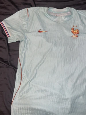 Ljusblå Frankrike fotbollströja Nike - Snygg ljusblå fotbollströja från Nike med Frankrikes landslagsemblem och två stjärnor på bröstet. Tröjan har korta ärmar med röd, vit och blå detalj på mudden samt röda detaljer längs sidorna. Perfekt för match eller träning.