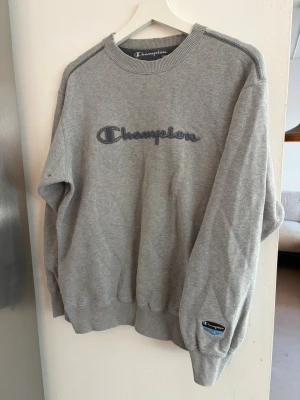 Grå sweatshirt från Champion - Säljer en klassisk grå sweatshirt från Champion med broderad logga på bröstet och en liten patch på ärmen. Tröjan har rund hals, ribbade muddar och är tillverkad i mjukt sweatshirtmaterial. Perfekt för en avslappnad och sportig stil.