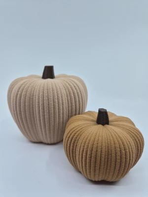 Dekorativa pumpor  - Två dekorativa pumpor i pla, en i beige och en i ljusbrun färg. Båda har mörkbruna stjälkar och en mjuk, rundad form. Perfekta som höstdekoration eller för att skapa mysig stämning hemma.