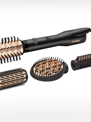 BaByliss varmluftsborste med tillbehör - En varmluftsborste från babyliss, med 4 olika utbytbara huvuden som går att rotera. Perfekt för blowouts, eller andra stylings. Säljer då den inte kommer till användning, använt någon gång bara. Nypris ca 1000kr