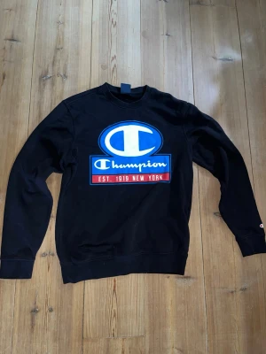 Svart sweatshirt från Champion - Cool svart sweatshirt från Champion med stort tryck i blått, vitt och rött på bröstet. Rund halsringning och ribbade muddar vid ärmslut och nederkant. Perfekt för en avslappnad streetwear-look.                 Nypris:649kr.      Mitt pris:349kr
