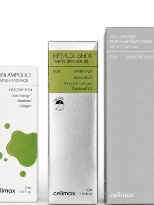 Celimax set  - Tre hudvårdsprodukter från Celimax: Noni Ampoule (30ml) för hälsosam hud, Retinol Shot Tightening Serum (30ml) för fastare hud och Dual Barrier Skin Wearable Cream (50ml) för känslig/torr hud. Perfekt för dig som vill boosta din hudvårdsrutin.