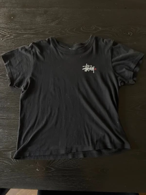 Svart Stüssy t-shirt  - Svart t-shirt från Stüssy med ikonisk vit logga tryckt på bröstet och stor logga på ryggen. 
