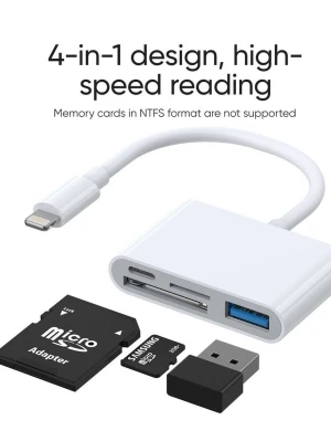 Adapter - Smart vit adapter för Apple-enhet, kan ansluta till enheter med en USB-A-kontakt, till exempel datormus, tangentbord, flashdisk, hörlurar, kamera eller mikrofon. Den har även minneskortläsare för MicroSD- och TF-kort. Köpt från Batteriexperten för 149kr. Helt oanvänd 💗