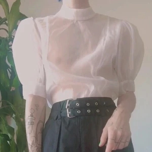 Genomskinlig topp med puffärm - En supersöt genomskinlig topp med puffärm! Står ingen storlek men passar en stor S. Jag har stor S-liten M och den är lite stor på mig. Säljer pga aldrig använd! 40kr plus frakt!