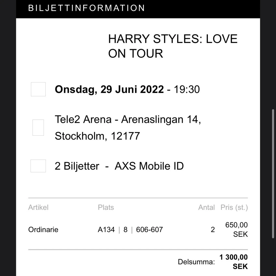 HARRY STYLES BILJETTER  - 90