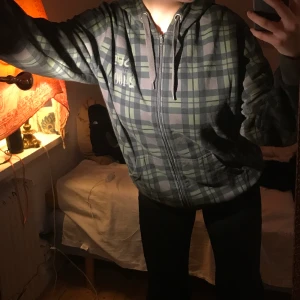 Grön Rutig Zip Up Hoddie  - Skön grön zip up hoddie med luva köpt second hand! Storleken varierar beroende på hur man vill att den ska sitta! 🌴