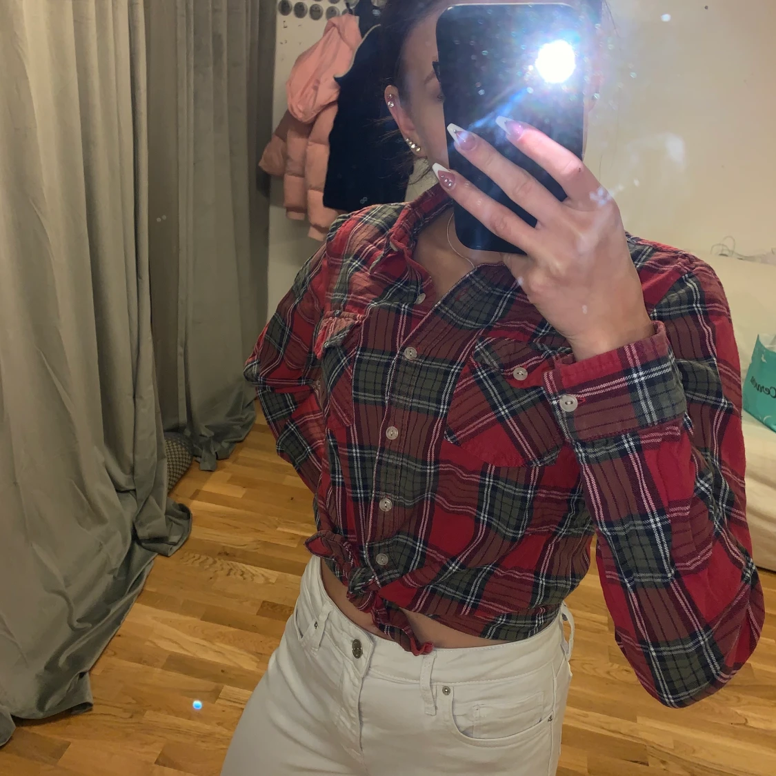 Rutig långärmad shorta