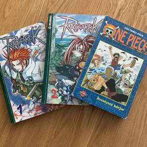 1 och 2 volym av Ragnarök, 1 volym av One Piece alla tre böcker har små skador vid bokryggarna och lite på kanterna. Alla böcker är på svenska 