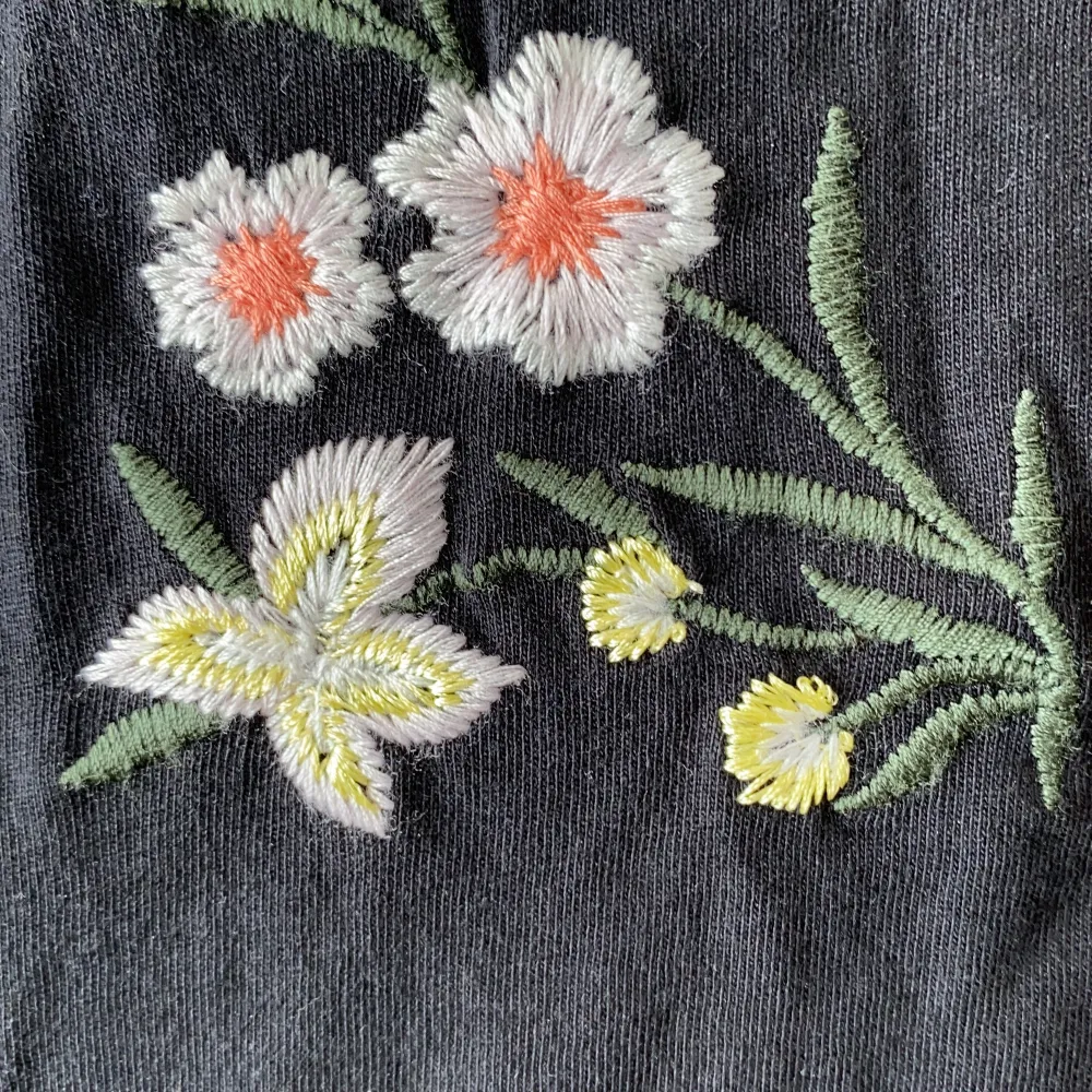 Svart kort topp med broderade blommor. Sparsamt använd. Djur- och rökfritt hem. Toppar.