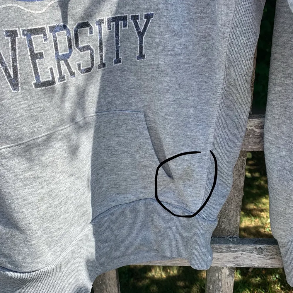 Säljer mina gråa hoodie ifrån Westhill University i strl s. Har tyvärt inga bilder med den på pga den är för liten för mig. Den är skön och har en snygg fit. Den har tyvärr en liten fläck nere vid fickan, men den syns knappast. :). Hoodies.