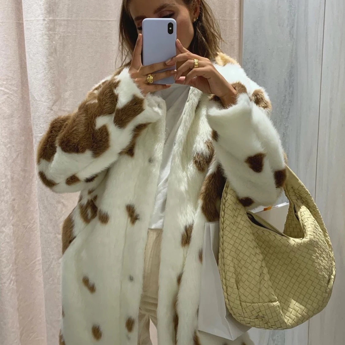 H&M faux fur cow print jacket oversized 
